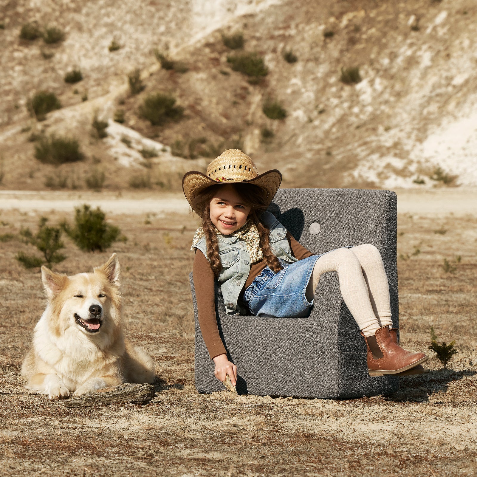 By KlipKlap KK Kids Chair XL Dusty green bouclé w. light green