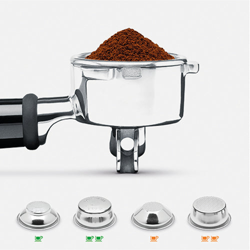 54 mm portafilter i rostfritt stål ger fyllig smak med både enkel- och dubbelväggsfilter