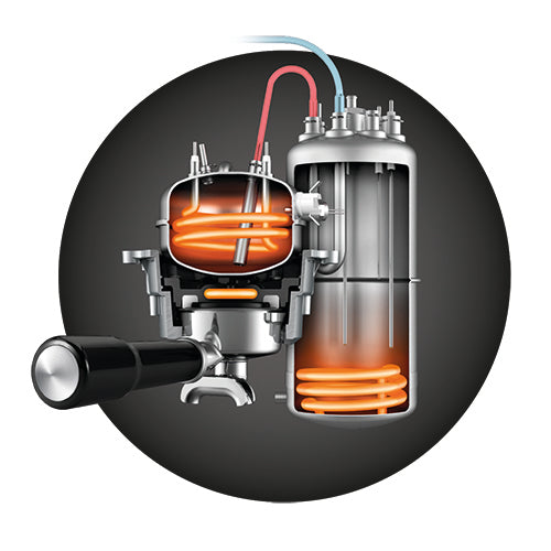 The Dual Boiler heating system delivers simultaneous extraction. & steam and a heated group head