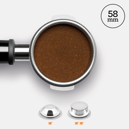 Det professionelle 58 mm portafilter kan rumme en 22 g dosis